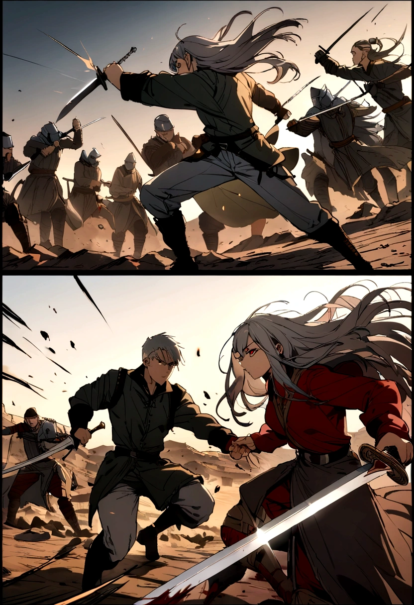 high quality,knight鎧,Gray Hair,Long Hair, Seductive red eyes, Cool,knight,Western style,battle,Holding a sword,Naoken,Swordfighting,Extracting the Sword,Moving Pictures,Bleeding,Return blood,battlefield,break,Grit your teeth,kill,Slashing to death,assassination