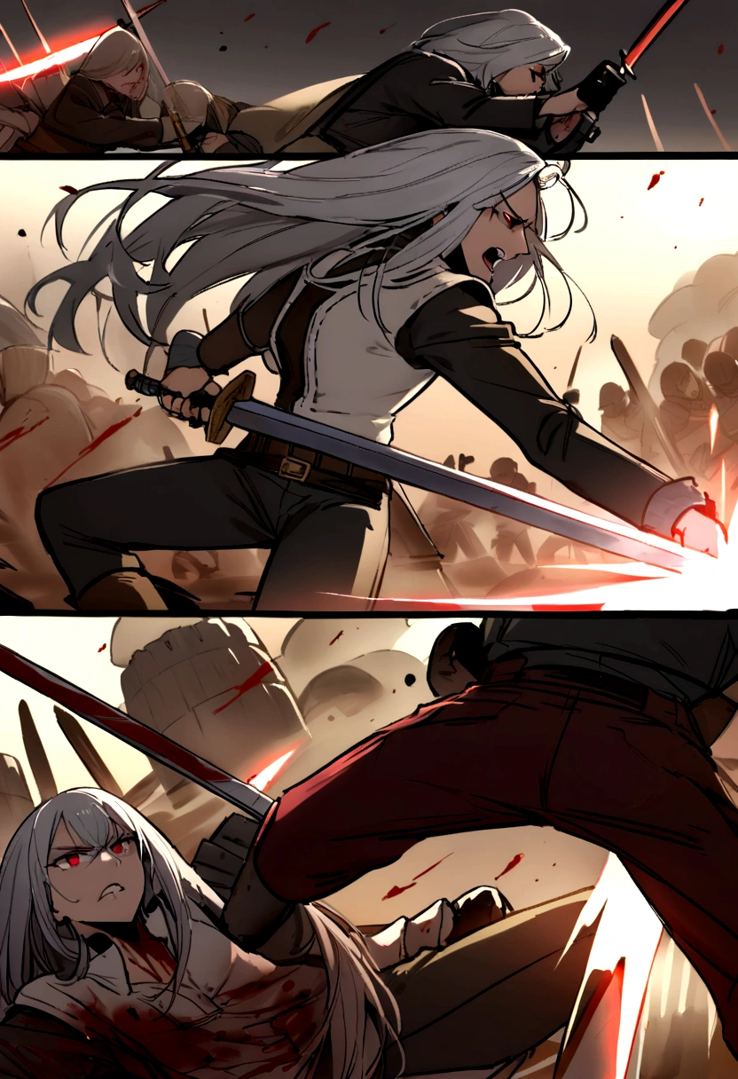 high quality,knight鎧,Gray Hair,Long Hair, Seductive red eyes, Cool,knight,Western style,battle,Holding a sword,Naoken,Swordfighting,Extracting the Sword,Moving Pictures,Bleeding,Return blood,battlefield,break,Grit your teeth,kill,Slashing to death,assassination