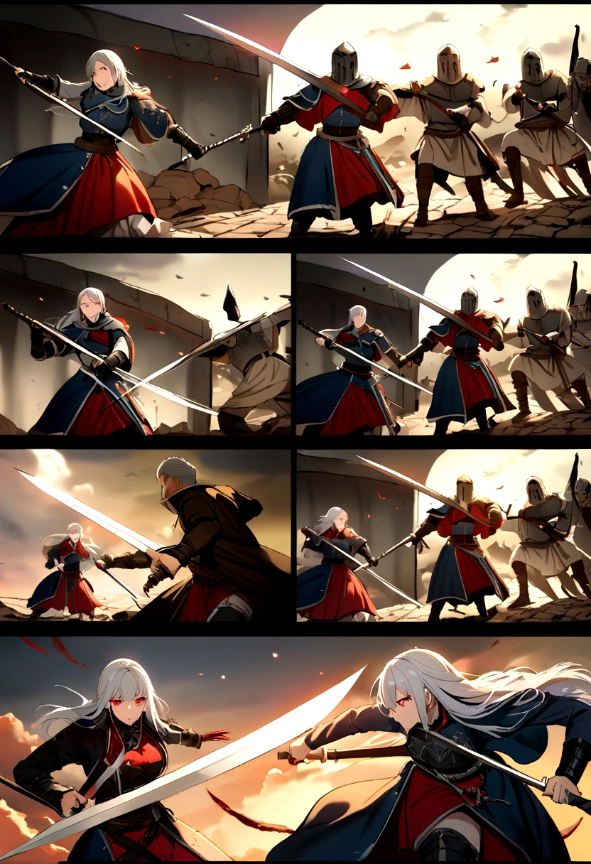 high quality,knight鎧,Gray Hair,Long Hair, Seductive red eyes, Cool,knight,Western style,battle,Holding a sword,Naoken,Swordfighting,Extracting the Sword,Moving Pictures,Bleeding,Return blood,battlefield,break,Grit your teeth,kill,Slashing to death,assassination