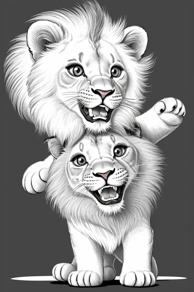 A clean and simple black and white linear tender drawing to color, featuring an adorable baby lion. The lion jumps animatedly, showing your joyful spirit. La illustration está diseñada con líneas gruesas y llamativas, perfect for children to fill with colors. The overall style is reminiscent of classic cartoon characters, creating a happy and pleasant atmosphere., illustration, illustration