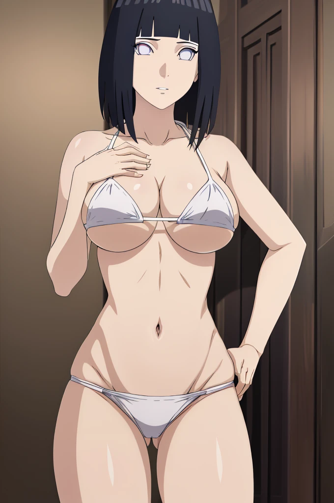masterpiece, (intricate details), (colorful),cinematic lighting,extremely detailed CG unity 8k wallpaper ,hinata\(boruto\), 1girl,solo, large breasts, (hinata, hyuuga hinata, purple eyes, blunt bangs, black hair) big breasts, perfect breasts, large breasts, round breasts, sexy body, slim waist, nice hips, skinny, nice thighs, thick thighs, black bra, cleavage, bare shoulders, collarbone, underboob, slim waist, white bikini, bikini, swimsuit, small bikini, plain background, cowboy shot, body shot, front shot, full body, white backdrop, perfect eyes, glowing eyes, beautiful eyes, black background, simple background, no background , body shot, hands on hip