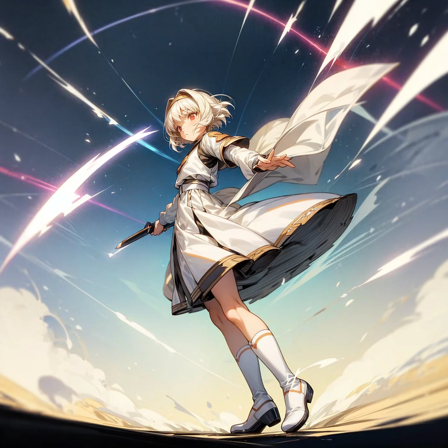 1girl, Full body version, 1character, light red eyes color, short hairstyle, white colour hair, saber style clothing, Long skirt, long socks, long boots, knife in hand, full background, Grassroots background in village, motion blur, shadow, standing gesture, (captain Tsubasa style art)