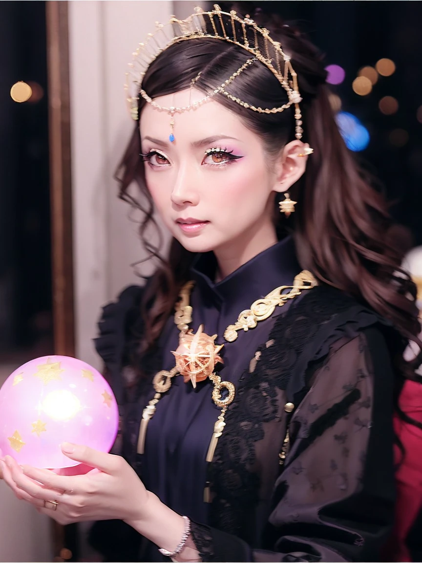 1 Girl, solo, (astrologer), (Circlet), magic, Crystal Ball,
mysterious, Fantasy, grace, Calm, Silence, intellectual, ancient, Beyond time and space, dream, aura,
Dark eyeshadow, Star shaped glitter, Sparkling Highlights, Rich Lip Color, Smokey Eye, mysteriousなアイライナー, 
Crystal Ballが置かれたテーブル, The night view outside the window,
astrologerがCrystal Ballに手をかざして未来を覗いている,
Light in the ball, Fantasyな霧, A star chart emerges