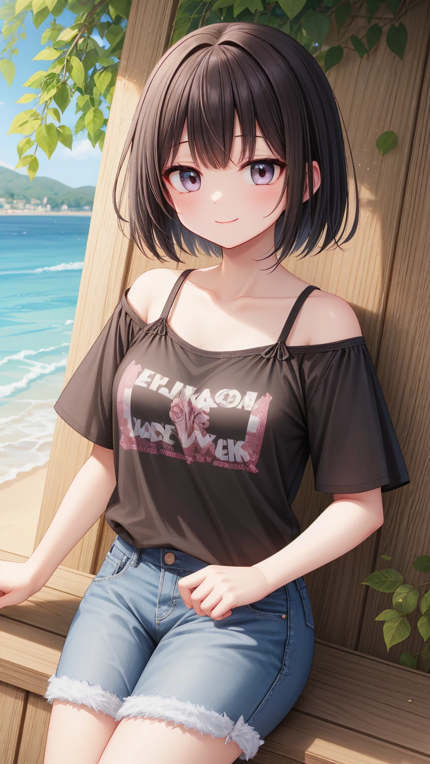 1 girl, smiling, freckles, straight hair, brown eyes, black shirt, short shorts, sitting on a chair, background of a balcony, insane details, intricate details