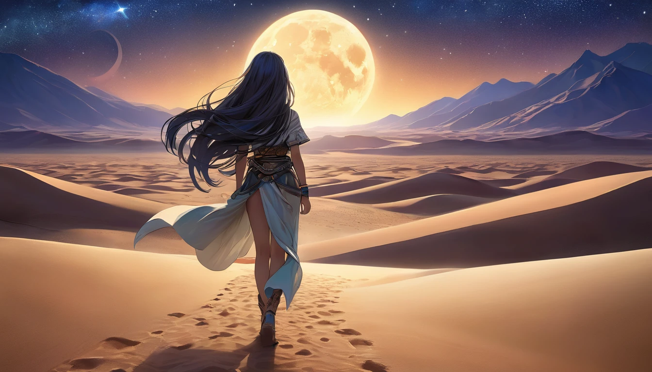 a young woman in desert landscape, starry night sky, distant oasis, anime style, 1girl, beautiful detailed eyes, beautiful detailed lips, extremely detailed face and features, long flowing hair, adventurer's outfit, walking away from camera, vast open sand dunes, distant mountains, crescent moon, glowing stars, atmospheric lighting, vibrant colors, detailed digital painting, photorealistic, masterpiece, 8k, award winning