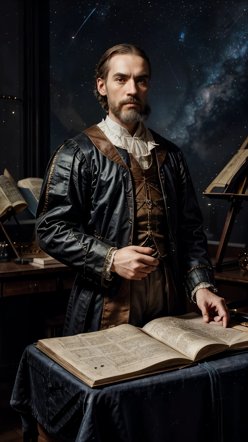 Generate a inspired image of Johannes Kepler, astronomer, mathematician, astrologer. Surrounded by celestial stars, nebulae,maps, instruments, horoscope, Halley's comet. Period-appropriate attire, a quill, or other tools indicative. Use a color palette and lighting that evoke the historical period.