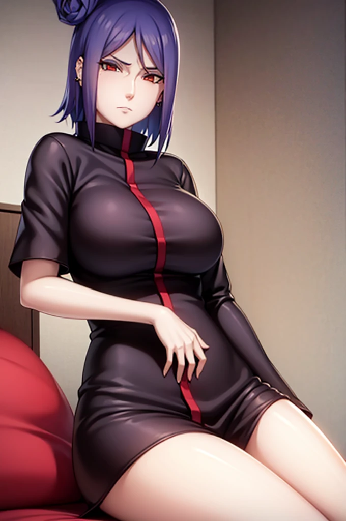 akatsuki robe with red clouds, piercings, looking at the viewer, blue hair, (sitting on the bed), hotel room, busty, large breasts, high quality, 4k