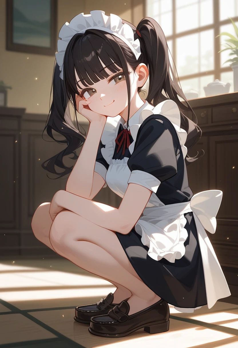 (score_9, score_8_up, score_7_up), absurdres, best quality, official art, masterpiece, very aesthetic, aesthetic, attention to detail, by erere, 1girl, black hair, blush, breasts, thighs, parted to one side, blunt bangs, glossy hair, moist skin, glossy skin, delicate details, hair behind ear, medium breasts, from side, full body, squatting, looking at viewer, own hand on face resting on her cheek, twintails, wavy hair, black hair, medium length, maid, white head dress, black loafers, smug smile, closed mouth, brown eyes, content expression, lustful body,, adoring gaze, indoors, solo, light particles, solar flare, depth perception, alternate costume, white apron, frilled apron, puffy short sleeves, short sleeves, black dress, maid outfit, one hand resting at her side
