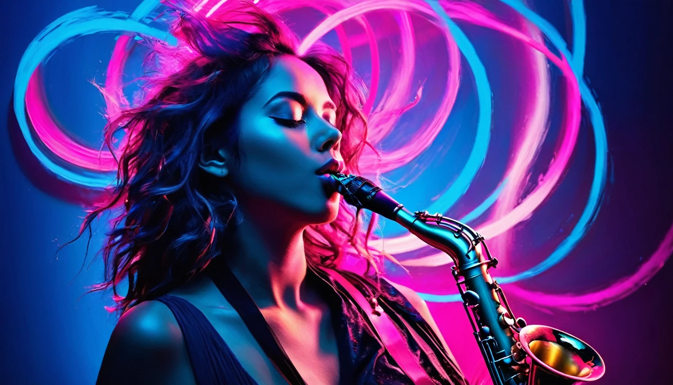 Create a captivating image of a woman playing the saxophone, Surrounded by the fantastic glow of neon blue and neon pink rings, Reminiscent of moving electrons. Using various brush strokes、Create dynamic and visually appealing compositions。.

Imagine a woman with flowing hair., She is engrossed in music, playing the saxophone enthusiastically.. Vibrant colors dance on the canvas, Reflecting the intensity of the performance. Neon blue and neon pink rings surround her like a halo., The energy pulsates to mirror the rhythm of the music..

Combining bold and delicate brushstrokes、Capture the essence of the scene。. Use vibrant colors、Adds warmth and vitality to your images。, By incorporating contrasting colors、Creates depth and dimension.

Create a sense of enchantment and wonder with your images, Invite the viewer to immerse themselves in the beauty of the moment. With every stroke of the brush, Communicating the magic of music and the timeless appeal of artistic expression.