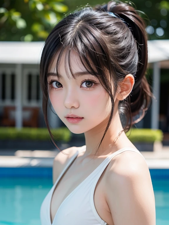 Highest quality, RAW Photos, Realistic, face, Incredibly beautiful girl, cute, length Hair,ponytail，Written boundary depth, High resolution, 超detailed, detailed, Very detaileded, extremely detaileded eye and face, Sharp pupils, Realistic students, Sharp focus, Cinema Lighting, Japanese, Short Woman, Physical build, Short arms, length, Narrow eyes, Fleeting atmosphere, 12 years old, Brown Bob Hair, ((thin唇)), White top and bottom underwear, masterpiece, Highest quality, detailedな肌, detailedなface, fine grain, 8K, Excellent anatomy, Upper body portrait，flat breasts, small breasts, small,( small bust: 1.2), small bust, (slim, small, flat, small), thin, Delicate and sexy collarbone, One Girl, (beautiful girl, Delicate girl:1.3), (12 years old:1.3), break, (ワンピースSwimwear, Swimwear:1.2), break, (Pool:1.3), break, Very beautiful eyes, (Symmetrical eyes:1.3), break, small胸, Brown eyes, Parted bangs, Brown Hair, (Upper teeth, 最高の笑face:0.2), break, (目とfaceの細部まで:1.0), break, (masterpiece, Highest quality, 超detailed, detailedなface, 8K)