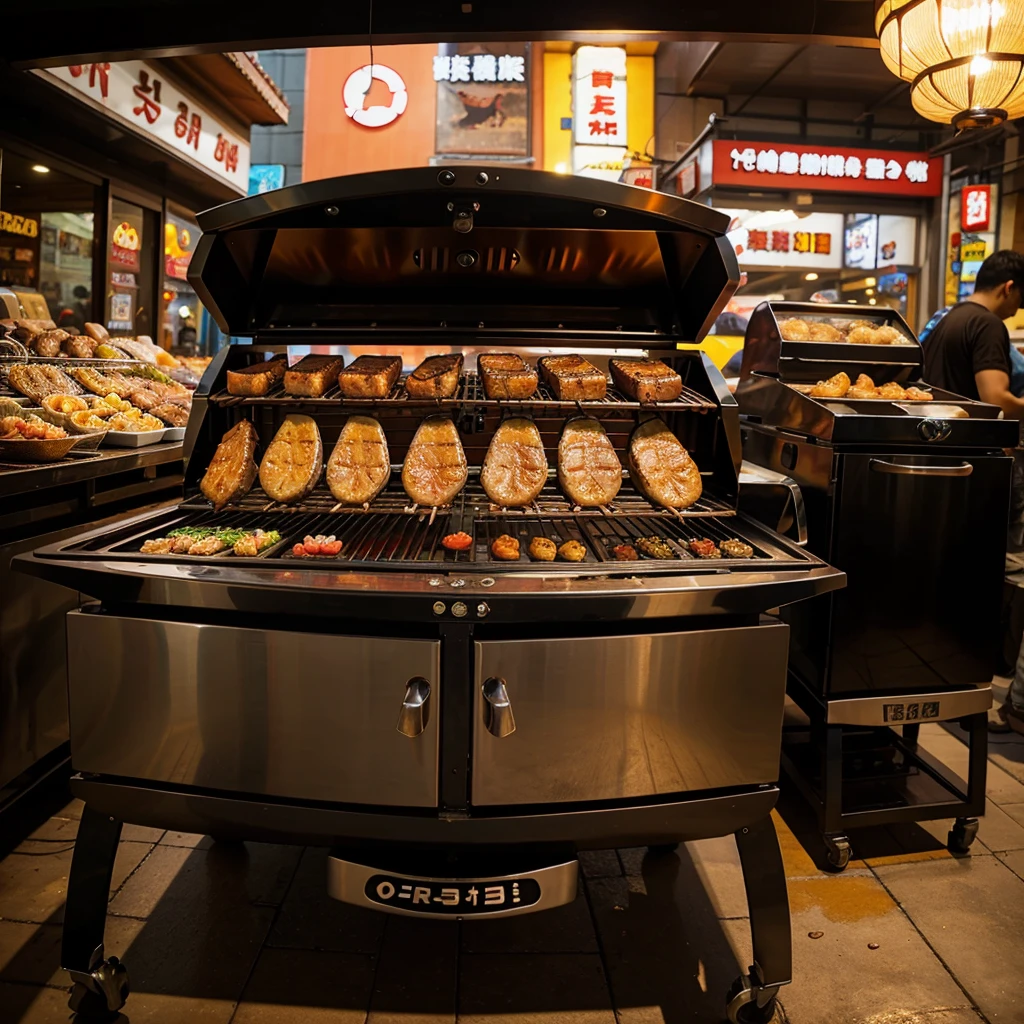 asian men grill barbeque front view fish eye effect