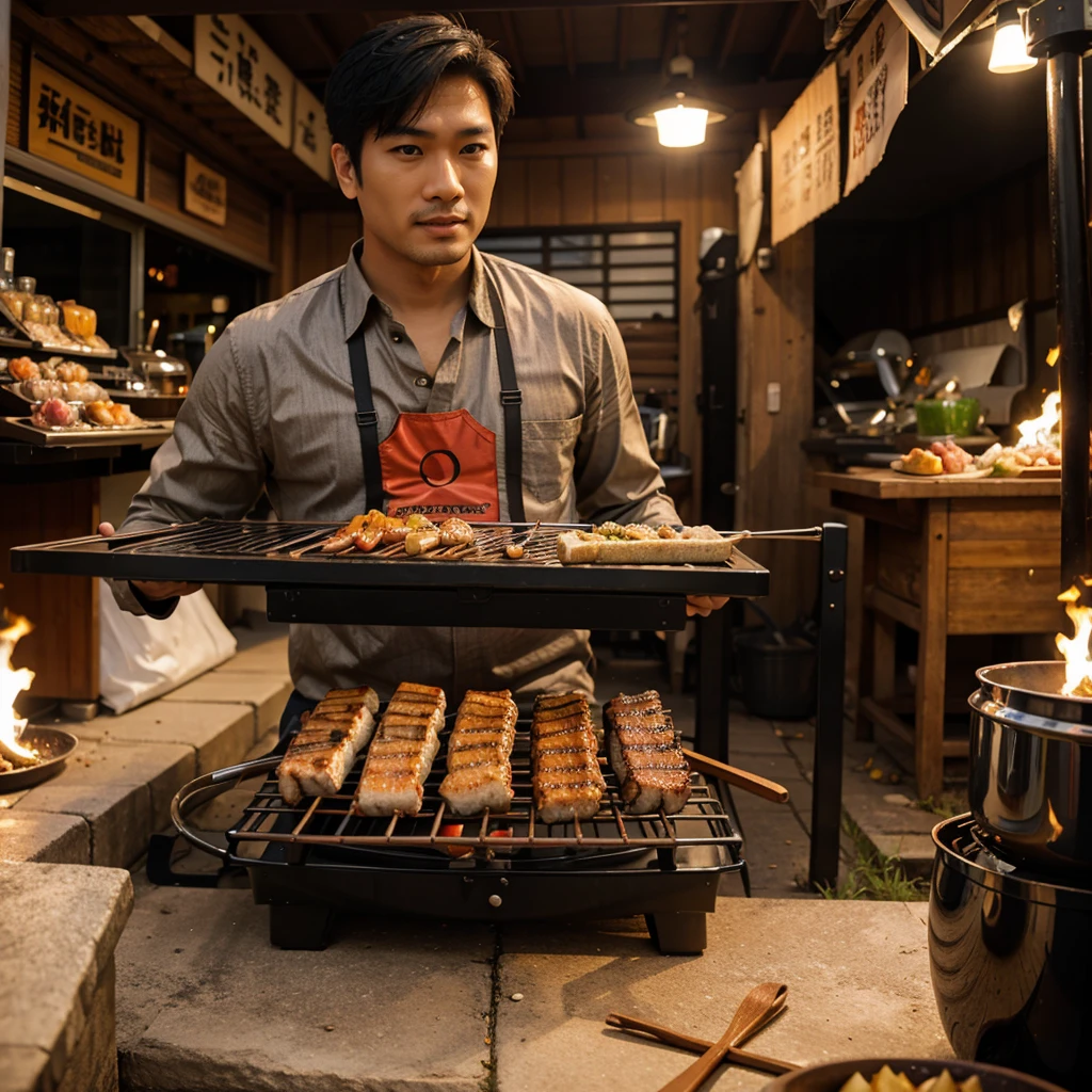 asian men grill barbeque front view fish eye effect