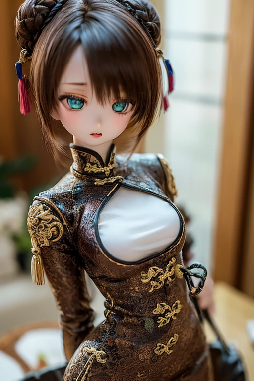 (SFW:2), photorealistic, realistic photo, 8k, ((highest quality)), ((masterpiece)), (extremely detailed), kukolnydom, doll, (mature woman, 18yo, 18 years old:1.6), solo, ((cowboy shot, parted lips, green eyes, brown hair)), double buns, (plastic skin, looking at another, glass eyes, shining eyes, detailed eyes, detailed face:1.3), china dress, qipao, chinese room