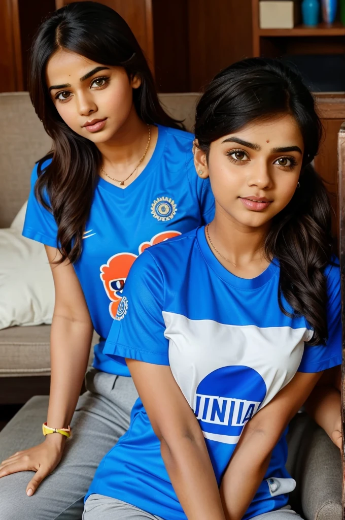 Cartoon girl with India t shirt watching Rohit Sharma and Virat Kohli