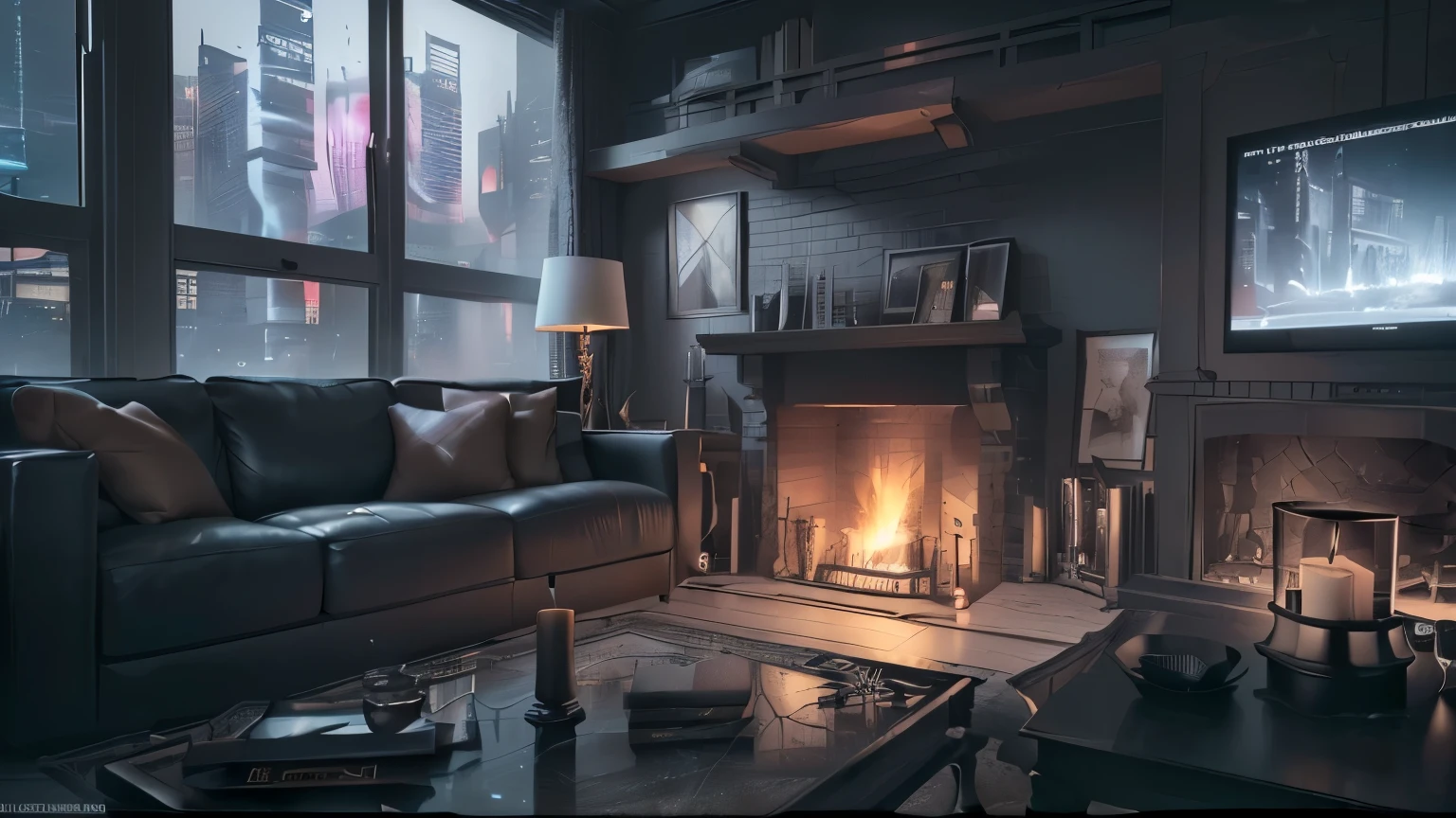 The living room has a TV, sofa and fireplace., Cinematic Rendering Unreal Engine, Photorealistic cinematic rendering, Unreal Engine Rendering Concept Art, Realistic Cinematic Lighting, Detailed cinematic rendering, Dark cinema lighting, Photorealistic dark concept art, Unreal Engine realistic rendering, Realistic cinematic shots, Warm, cinematic lighting, 4K Unreal Engine Rendering, 4K Unreal Engine Rendering