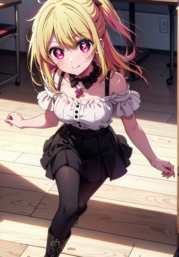 rubyhoshino, Hoshino Ruby, Long Hair, bangs, Blonde, (Pink Eyes:1.3), (Symbol-shaped pupil:1.5), Multicolored Hair, Two-tone hair, happy smile, smile, Close your mouth,
break, Cold Shoulder Shirt,Short sleeve,Long skirt,Black pantyhose,short boots,There is a computer on the table,Walking,interior,whole bodyがイラストに入るように,Daytime,Clear skies,
break indoors, office,
break looking at viewer, whole body,
break (masterpiece:1.2), Highest quality, High resolution, unity 8k wallpaper, (figure:0.8), (Beautiful attention to detail:1.6), Highly detailed face, Perfect lighting, Highly detailed CG, (Perfect hands, Perfect Anatomy),