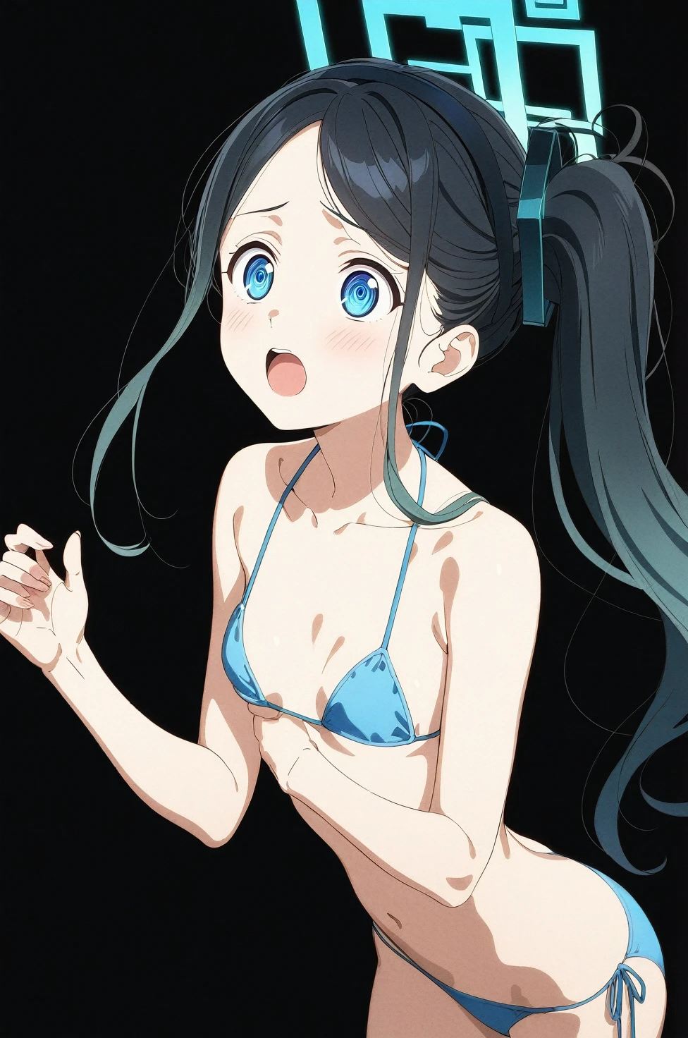 best quality, amazing quality, very aesthetic, absurdres, (1girl, aris, blue archive, solo, blue eyes), (realistic face:0.9),(string bikini:1.8), (surprised, blush, thigh:1.3), (cowboy shot), (glowing eyes), (half closed eyes:0.9), (ass), (official art:1.3), (pool), expressive eyes, perfect face, extremely detailed eyes, perfect anatomy, smooth skin, (black background:1.5), clear eyes, beautiful face, small breasts, (anime style:1.7), (Warm Light:1.5), (highres:2), (Chiaroscuro),
