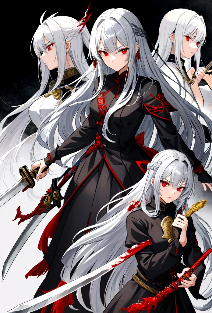 high quality,knight鎧,Gray Hair,Long Hair, Seductive red eyes, Cool,knight,Western style,battle,Holding a sword,Naoken,Swordfighting,Extracting the Sword,Moving Pictures,Bleeding,Return blood,battlefield,break,Grit your teeth,kill,Slashing to death,assassination
