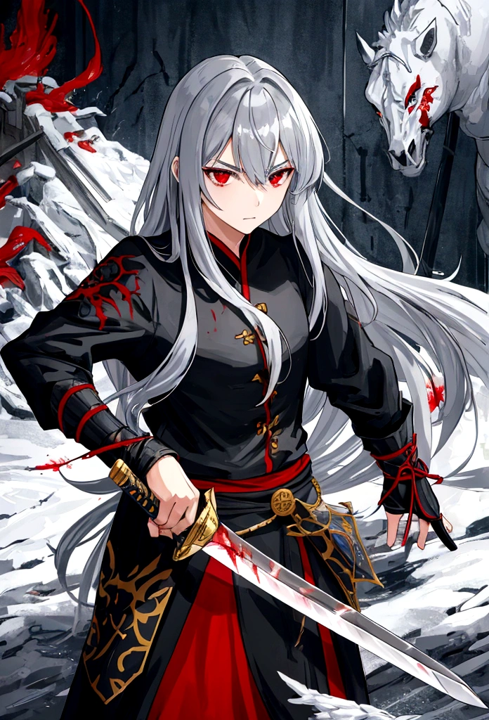 high quality,knight鎧,Gray Hair,Long Hair, Seductive red eyes, Cool,knight,Western style,battle,Holding a sword,Naoken,Swordfighting,Extracting the Sword,Moving Pictures,Bleeding,Return blood,battlefield,break,Grit your teeth,kill,Slashing to death,assassination