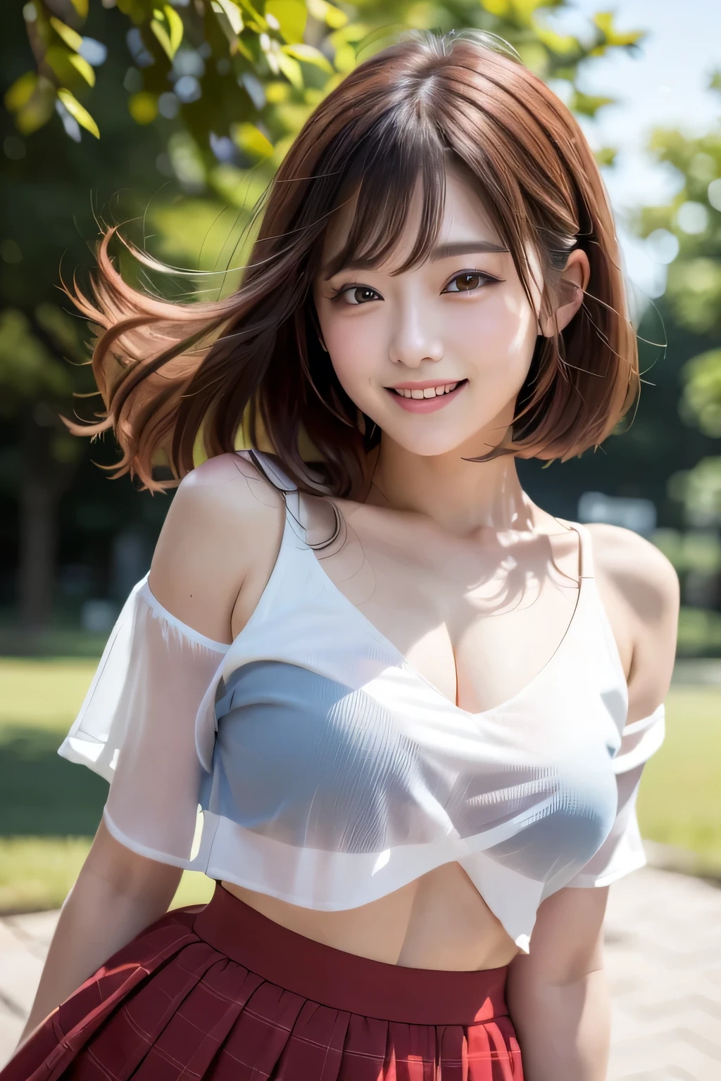 (((A beautiful woman standing in a windy park:1.3))),(Hair blowing up in the strong wind:1.3),(Shirt floating in strong wind:1.3),(Skirt floating in strong wind:1.3),Hold down the rising frilled skirt with your hands:1.3),Off the shoulder,White shirt,Looking at the audience,whole body,From above,look up,Beautiful Hands,(Reddish brown wet shiny short messy hair),Blushing cheeks,Pointed red mouth,Big Breasts,Accentuate your breasts,Perfect body curves,Beautiful clavicle,((Expressing happiness through facial expressions:1.3))),Nice face,
Detailed clothing features,Detailed hair features,Detailed facial features,Looking at the camera,,(Dynamic and sexy pose),Cinematic Light,(Highest quality,Written boundary depth,Intricate details,The contrast of light and shadow makes the subject appear three-dimensional,) ,Digital single-lens reflex camera, (Photorealistic),(Picture Mode Ultra HD,)