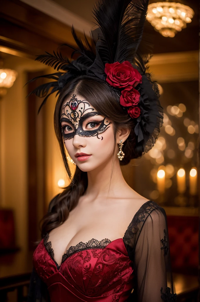 Create a full-body photo of a woman at a secret masquerade party. She is wearing an intricate Venetian mask and an elaborate costume, exuding elegance and mystery. Focus on her sophisticated appearance, highlighting her beautifully detailed eyes and lips. Ensure the face and features are meticulously detailed, with a complex mask design. The scene is set inside a bar with a modern interior and red lighting, creating a moody and enigmatic atmosphere. Use dramatic chiaroscuro lighting with rich shadows to enhance the cinematic quality. The lighting should be dim to emphasize the secretive feel. Ensure the image is of the highest quality, with 4k, 8k resolution, and a masterpiece level of detail. The style should be ultra-detailed, realistic, and photorealistic, with a rich, refined, and captivating color palette. Avoid including any cold masks or mouth masks in the design