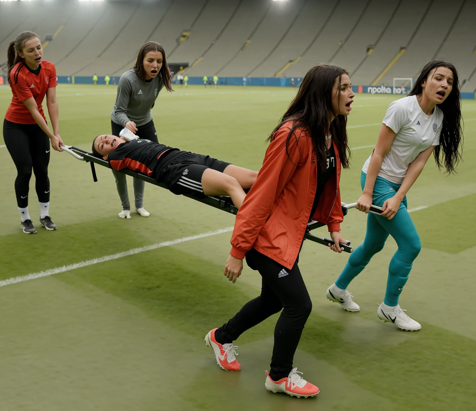 a soccer scene in a sports stadium, cool and wet weather conditions, humide ground, rainy sky, injury scene in a sports stadium, stretcher carry, there are four female medics carrying a stretcher, there are four female medics in very shiny coats who are carrying a stretcher in a sports stadium, there is a wounded male soccer player in a matte short cotton sports outfit lying on the stretcher, an injured male soccer player in matte cotton sportswear is lying in pain on a stretcher, a soccer player in matte cotton sports clothes is rearing up in intense pain while lying on a stretcher, dramatic scene, theatralic posing scene, dramatic pity scene, injury soccer, first aid, help, pity, there are four female medics in wetlook high-shine coats who are looking very sad and very terrified and very shocked, the injured soccer player is screaming out in pain while he is carried from the pitch on a stretcher 