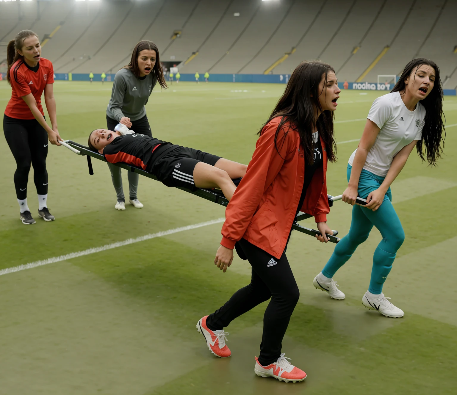a soccer scene in a sports stadium, cool and wet weather conditions, humide ground, rainy sky, injury scene in a sports stadium, stretcher carry, there are four female medics carrying a stretcher, there are four female medics in very shiny coats who are carrying a stretcher in a sports stadium, there is a wounded male soccer player in a matte short cotton sports outfit lying on the stretcher, an injured male soccer player in matte cotton sportswear is lying in pain on a stretcher, a soccer player in matte cotton sports clothes is rearing up in intense pain while lying on a stretcher, dramatic scene, theatralic posing scene, dramatic pity scene, injury soccer, first aid, help, pity, there are four female medics in wetlook high-shine coats who are looking very sad and very terrified and very shocked, the injured soccer player is screaming out in pain while he is carried from the pitch on a stretcher