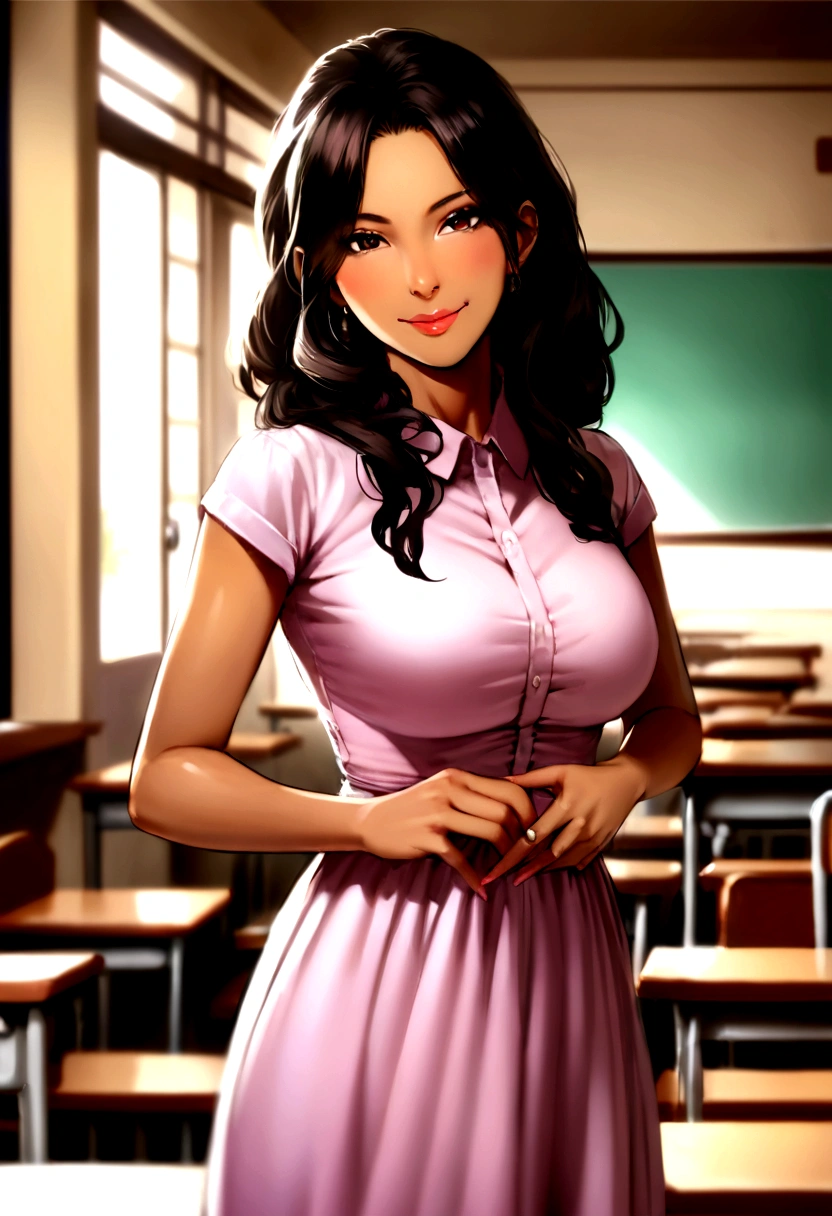 "Photograph of Maria Ventura Ahkiong Teves, a 35-year-old teacher of mixed Asian and Hispanic descent, in a Philippine elementary classroom during a sunny afternoon. Maria's slender physique and dark tanned skin are evident, complemented by her long, thick hair reaching her waist. She wears a stylish mid-length dress, posing naturally with an innocent smile. The image is a medium body shot, aiming to achieve a photo-realistic quality with rich details in her face and hair, highlighted through a 2.8 aperture depth of field creating a soft, blurred background."