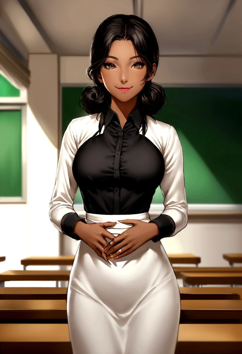 "Photograph of Maria Ventura Ahkiong Teves, a 35-year-old teacher of mixed Asian and Hispanic descent, in a Philippine elementary classroom during a sunny afternoon. Maria's slender physique and dark tanned skin are evident, complemented by her long, thick hair reaching her waist. She wears a stylish mid-length dress, posing naturally with an innocent smile. The image is a medium body shot, aiming to achieve a photo-realistic quality with rich details in her face and hair, highlighted through a 2.8 aperture depth of field creating a soft, blurred background."