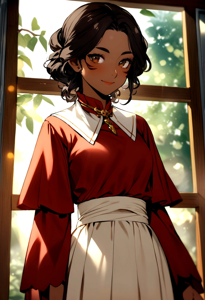 "Create an image of Maria Ventura Ahkiong Teves, aged 35, inside a well-lit elementary classroom in the Philippines. The afternoon light bathes the room, enhancing Maria's brown skin and long, thick dark hair styled down to her waist. Her facial features display her Asian-Hispanic heritage, including her flat nose and her innocent smile. She is attired in a tasteful mid-length dress, captured in a medium body shot. The photograph aims for anatomical accuracy with a focus on facial and hair details, using a bokeh effect at a 2.8 aperture for depth of field."

