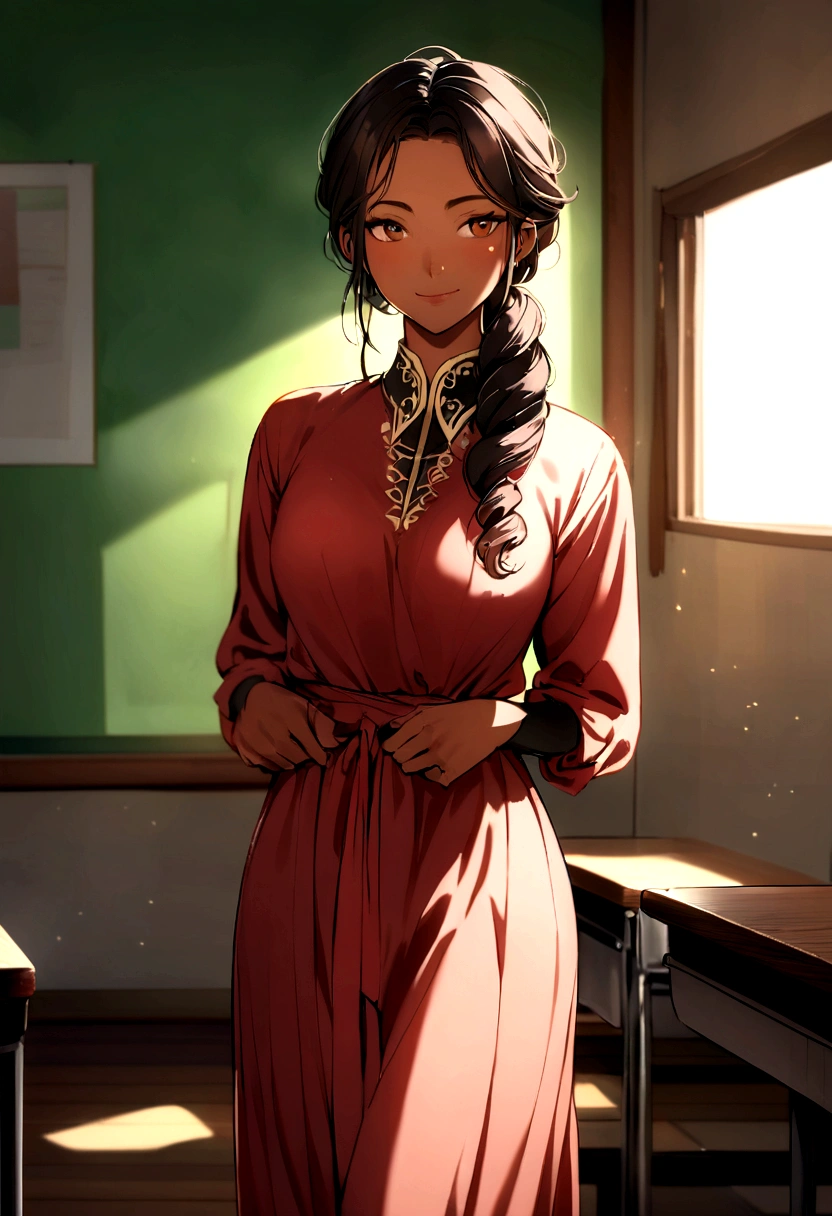 "Create an image of Maria Ventura Ahkiong Teves, aged 35, inside a well-lit elementary classroom in the Philippines. The afternoon light bathes the room, enhancing Maria's brown skin and long, thick dark hair styled down to her waist. Her facial features display her Asian-Hispanic heritage, including her flat nose and her innocent smile. She is attired in a tasteful mid-length dress, captured in a medium body shot. The photograph aims for anatomical accuracy with a focus on facial and hair details, using a bokeh effect at a 2.8 aperture for depth of field."