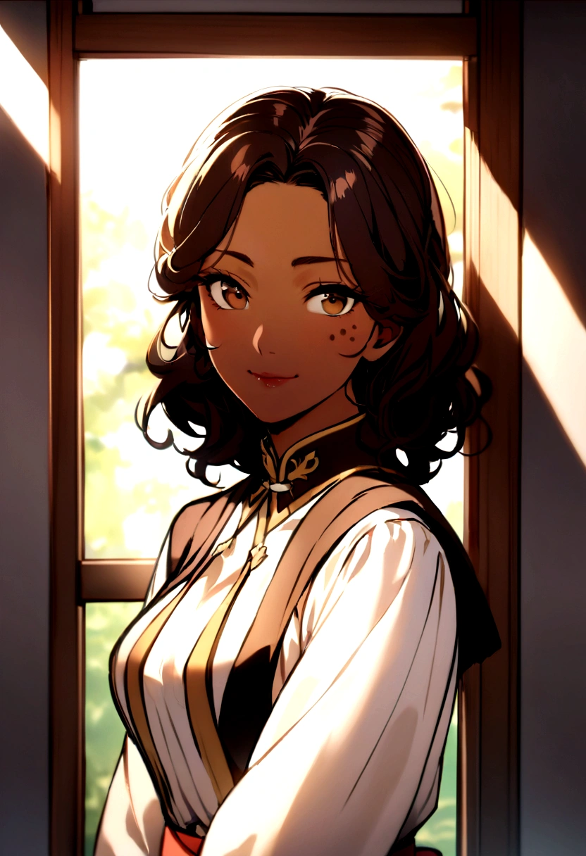 "Create an image of Maria Ventura Ahkiong Teves, aged 35, inside a well-lit  classroom in the Philippines. The afternoon light bathes the room, enhancing Maria's brown skin and long, thick dark hair styled down to her waist. Her facial features display her Asian-Hispanic heritage, including her flat nose and her innocent smile. She is attired in a tasteful mid-length dress, captured in a medium body shot. The photograph aims for anatomical accuracy with a focus on facial and hair details, using a bokeh effect at a 2.8 aperture for depth of field."

