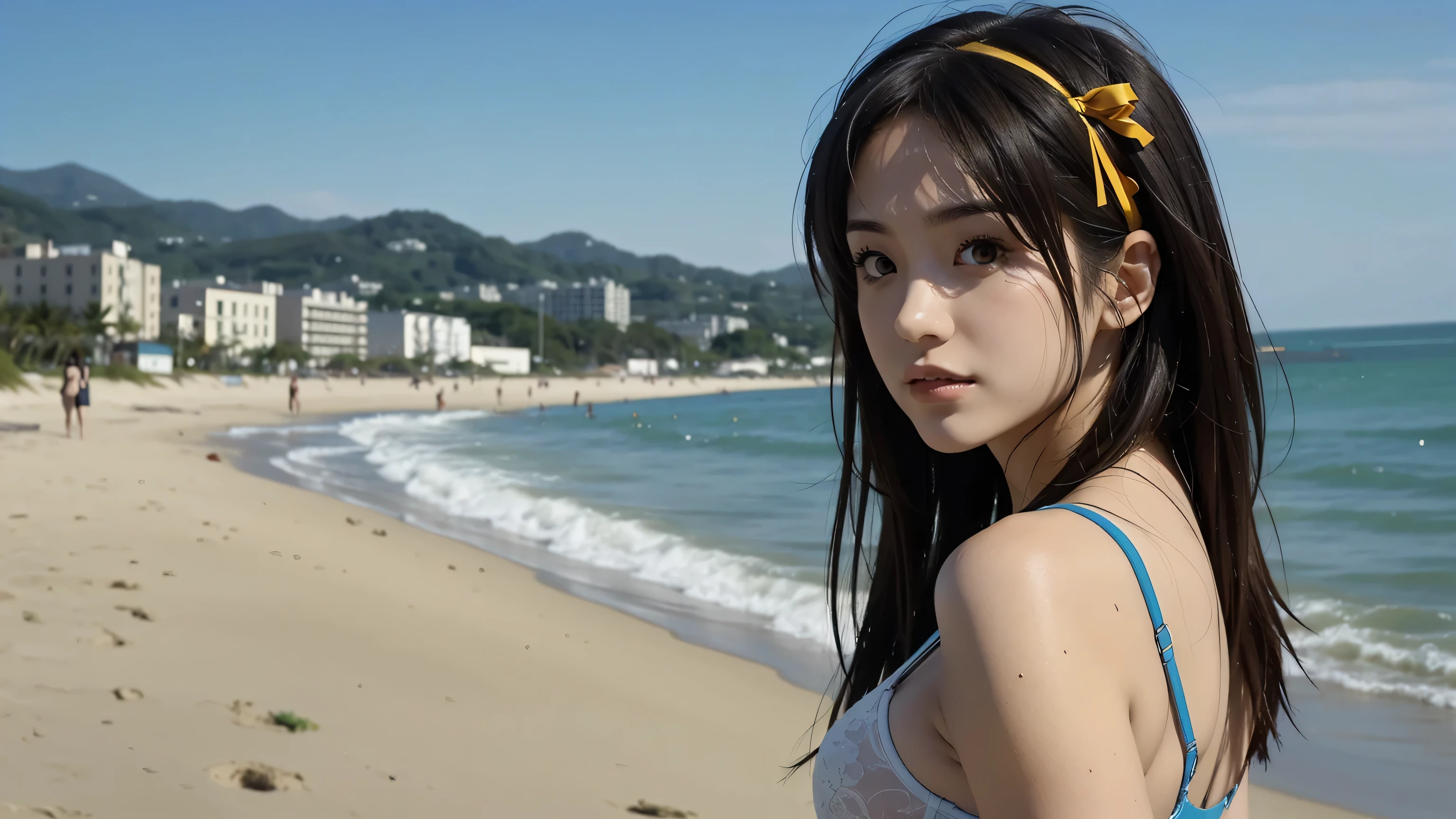 (A superb exquisite haruhi suzumiya), (haruhi suzumiya:1.5),
(photo realistic:1.4), (hyper realistic:1.4), (realistic:1.3),
(smoother lighting:1.05), (increase cinematic lighting quality:0.9), 32K,
1girl,16yo girl, realistic lighting, light on face, ray trace, (brightening light:1.2), (Increase quality:1.4),
(best quality real texture skin:1.4), finely detailed eyes, finely detailed face, finely quality eyes,
(tired and sleepy and satisfied:0.0), ((face closeup)),
(large chest), (Perfect Body Proportions), (slender Body Proportions), 
(beachside), colorful bra & panties,
(Increase body line mood:1.1), (Increase skin texture beauty:1.1),((look back)),