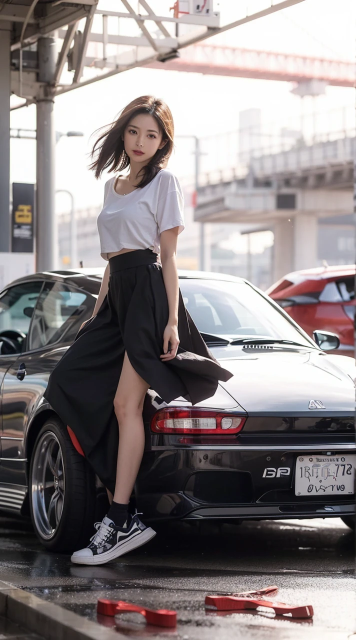 Beautiful Japanese waifu, early 30s, brunette hair, long skirt, sneakers, lean against a sports car