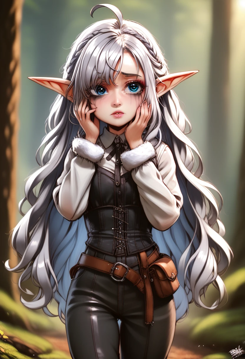  it looks even more beautiful than immortal, Ahoge, colored contact lenses, blush, high detail, anime, romanticism, modern, gothic art, anime style, film lighting, ray tracing, motion rye, close-up, sony fe gm, uhd, high detail, top quality, 8k, clean fingers, well-formed fingers, mdnn, (sharp focus:1.2), portrait, attractive young woman, (beautiful face:1.1), detailed eyes, luscious lips, (eye makeup:1.2), (tight body:1.2). (morning sun lighting:1.2), depth of field, bokeh, 4K, HDR. by (James C. Christensen:1.2|Jeremy Lipking:1.1) a small gnome girl with pale skin, very long wavy silver hair covering one eye, bright blue anime-style eyes with long lashes, wearing a corset, white puffy long sleeved shirt, and puffy cloth pants, leather bound boots, set in a windy fantasy landscape, (best quality, 4k, 8k, highres, masterpiece :1.2),ultra-detailed,dungeons and dragons, long elf ears, detailed skin and cloth textures, cute detailed face, intricate details, extremely detailed, 1girl, dynamic pose with hair covering one eye, shy personality, puffy cloth pants with leather belt, detailed privateer outfit, detailed buccaneer outfit, pouch on belt, wearing ornate leather armor with fur trim, silver inlay detail, wearing fur trimmed boots, wearing fur trimmed gloves, short, short height, halfing girl, small girl, very long detailed flowing hair, big head, big round eyes, windy, wind blown hair, wirey muscles, fighter, dynamic angle, kineticist, pathfinder, pathfinder kineticist, wind kineticist, pouty lips