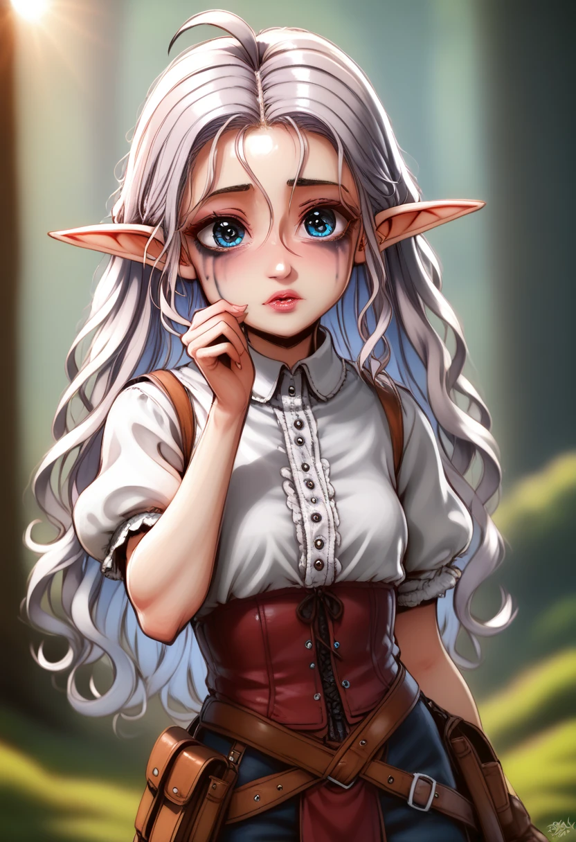 it looks even more beautiful than immortal, Ahoge, colored contact lenses, blush, high detail, anime, romanticism, modern, gothic art, anime style, film lighting, ray tracing, motion rye, close-up, sony fe gm, uhd, high detail, top quality, 8k, clean fingers, well-formed fingers, mdnn, (sharp focus:1.2), portrait, attractive young woman, (beautiful face:1.1), detailed eyes, luscious lips, (eye makeup:1.2), (tight body:1.2). (morning sun lighting:1.2), depth of field, bokeh, 4K, HDR. by (James C. Christensen:1.2|Jeremy Lipking:1.1) a small gnome girl with pale skin, very long wavy silver hair covering one eye, bright blue anime-style eyes with long lashes, wearing a corset, white puffy long sleeved shirt, and puffy cloth pants, leather bound boots, set in a windy fantasy landscape, (best quality, 4k, 8k, highres, masterpiece :1.2),ultra-detailed,dungeons and dragons, long elf ears, detailed skin and cloth textures, cute detailed face, intricate details, extremely detailed, 1girl, dynamic pose with hair covering one eye, shy personality, puffy cloth pants with leather belt, detailed privateer outfit, detailed buccaneer outfit, pouch on belt, wearing ornate leather armor with fur trim, silver inlay detail, wearing fur trimmed boots, wearing fur trimmed gloves, short, short height, halfing girl, small girl, very long detailed flowing hair, big head, big round eyes, windy, wind blown hair, wirey muscles, fighter, dynamic angle, kineticist, pathfinder, pathfinder kineticist, wind kineticist, pouty lips
