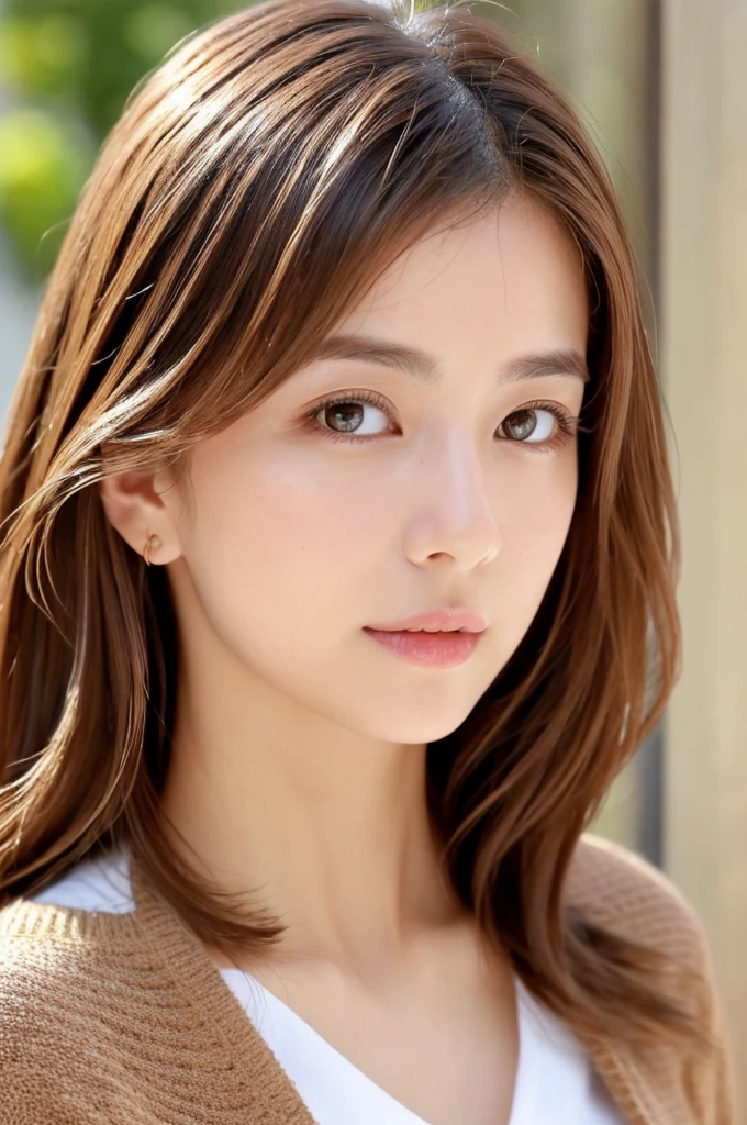 8K, top-quality, ​masterpiece, realisitic, Photorealsitic, ultra-detailliert, Natural sunlight, extremely detailed face and skin, A detailed eye, Highly detailed face-to-skin intermediate shots, Beautiful woman looking at camera, sexy pose, Beautiful face, Realistic face, Detailed face, Beautiful hairstyle, Realistic eyes, Detailed eyes, Realistic skin, Detailed skin, Beautiful skin, Attractive, A hyper-realistic, Sexy brown cardigan, Gentle, Brown hair, cute Japanese girls, Full body透ける。