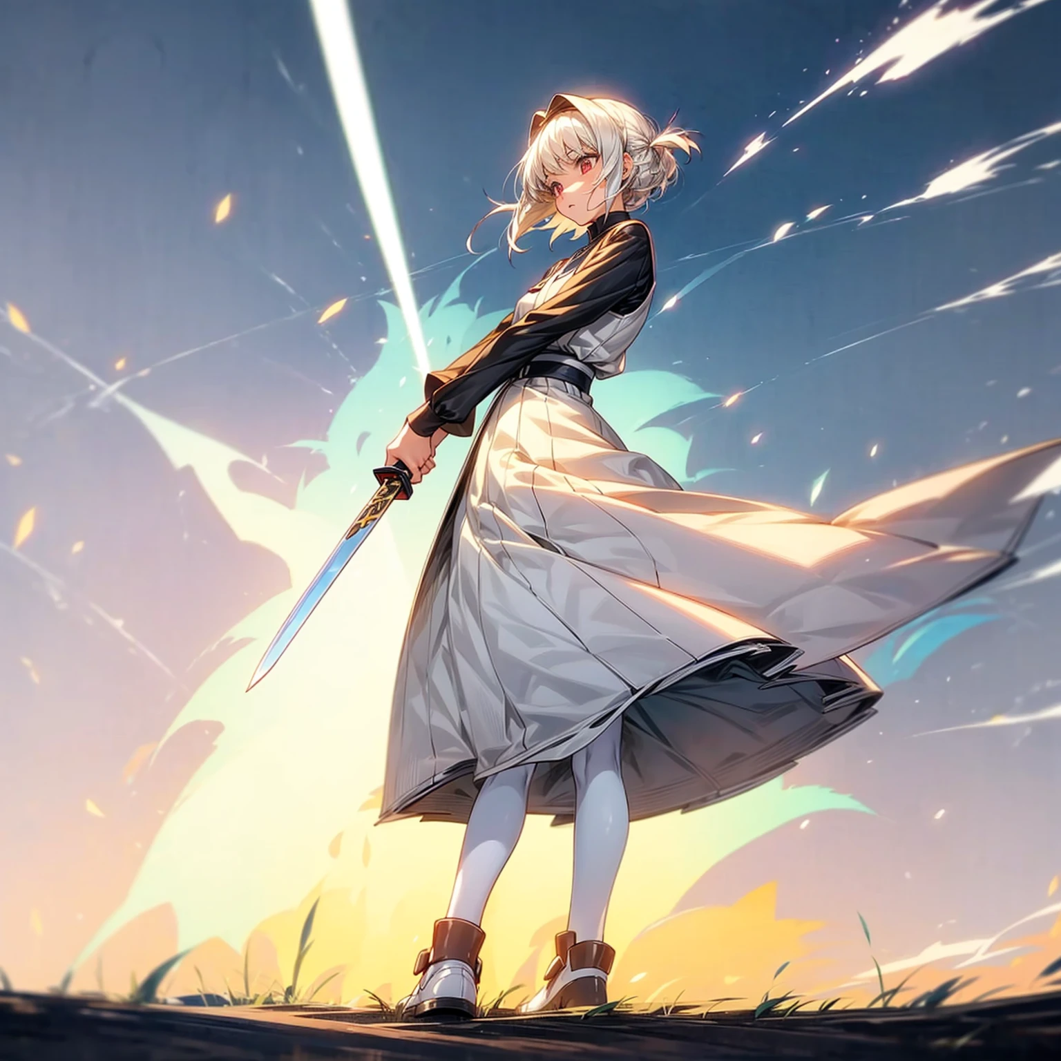 1girl, Full body version, 1character, light red eyes color, short hairstyle, white colour hair, saber style clothing, Long skirt, long socks, long boots, knife in hand, full background, Grassroots background in village, motion blur, shadow, standing gesture, (captain Tsubasa style art)