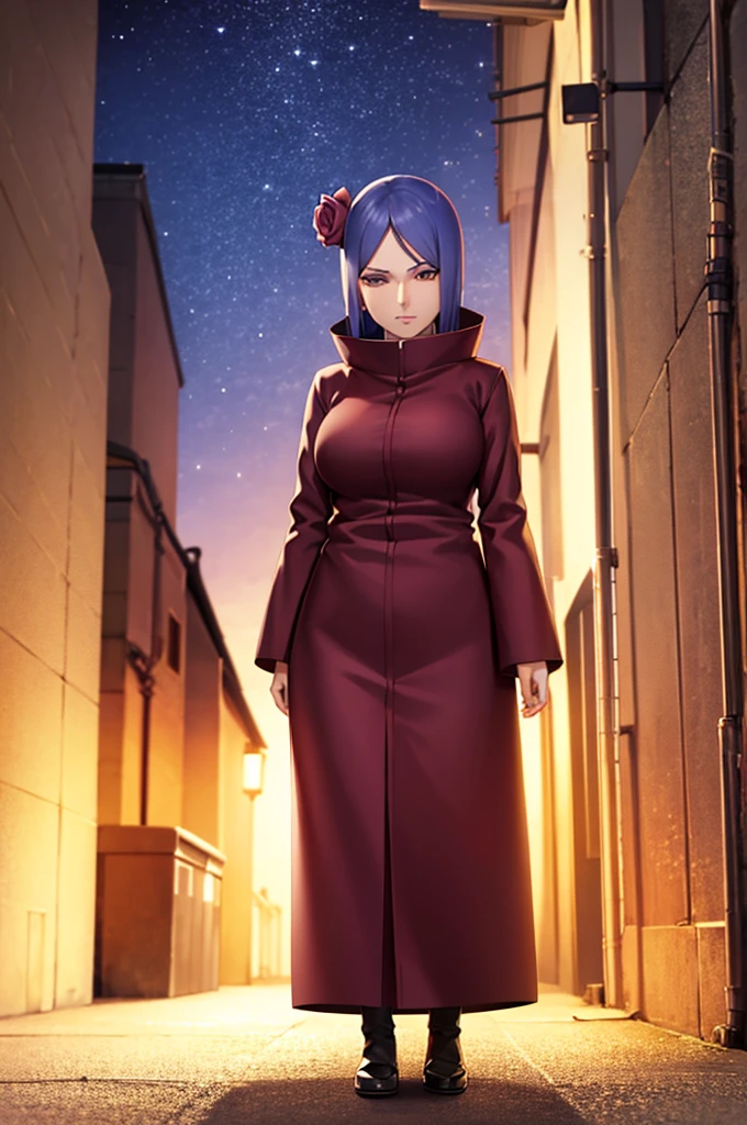 akatsuki robe with red clouds, piercings, looking at the viewer, blue hair, standing alone on a dark alley, night time, busty, large breasts, high quality, 4k