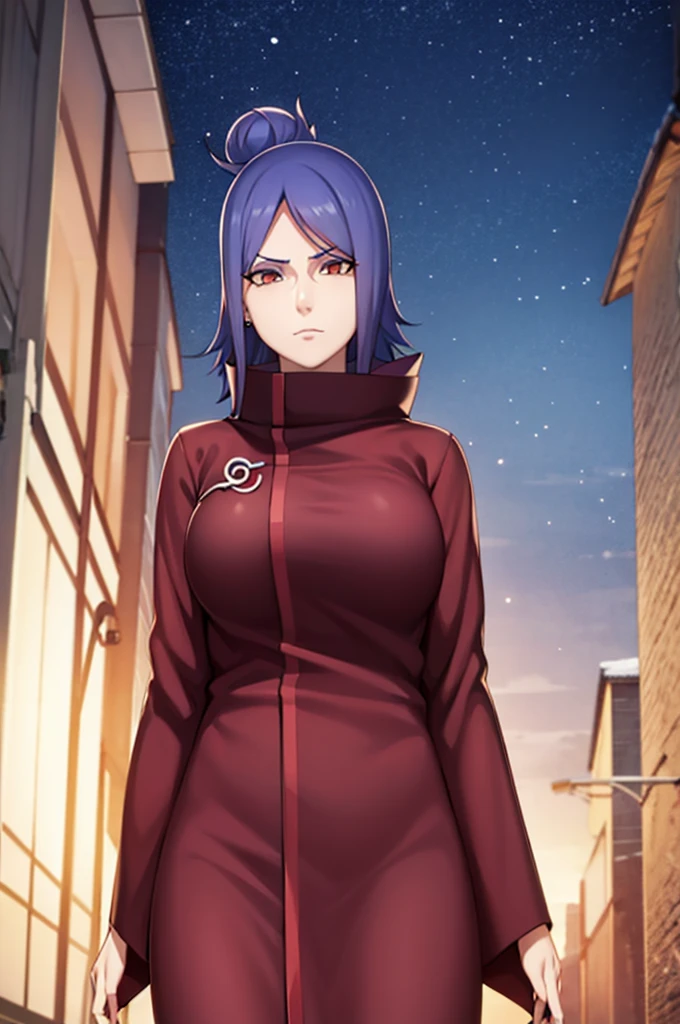 akatsuki robe with red clouds, piercings, looking at the viewer, blue hair, standing alone on a dark alley, night time, busty, large breasts, high quality, 4k