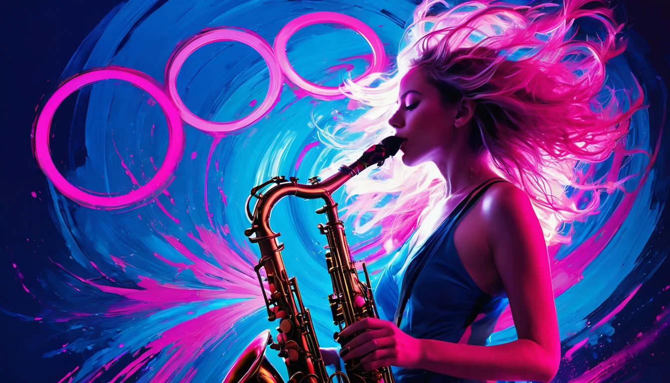 Create a captivating image of a woman playing the saxophone, Surrounded by the fantastic glow of neon blue and neon pink rings, Reminiscent of moving electrons. Using various brush strokes、Create dynamic and visually appealing compositions。.
Imagine a woman with flowing hair., She is engrossed in music, playing the saxophone enthusiastically.. Vibrant colors dance on the canvas, Reflecting the intensity of the performance. Neon blue and neon pink rings surround her like a halo., The energy pulsates to mirror the rhythm of the music..
Combining bold and delicate brushstrokes、Capture the essence of the scene。. Use vibrant colors、Adds warmth and vitality to your images。, By incorporating contrasting colors、Creates depth and dimension.
Create a sense of enchantment and wonder with your images, Invite the viewer to immerse themselves in the beauty of the moment. With every stroke of the brush, Communicating the magic of music and the timeless appeal of artistic expression.