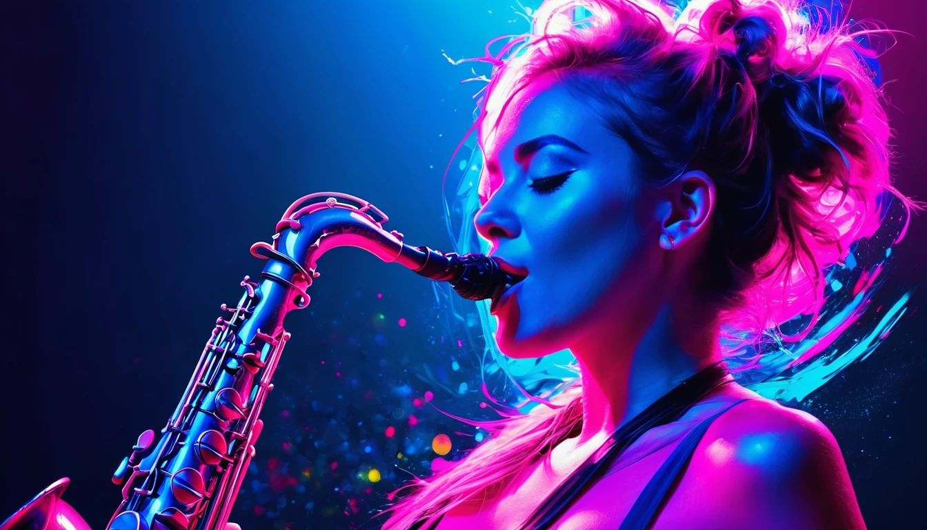 Create a captivating image of a woman playing the saxophone, Surrounded by the fantastic glow of neon blue and neon pink rings, Reminiscent of moving electrons. Using various brush strokes、Create dynamic and visually appealing compositions。.
Imagine a woman with flowing hair., She is engrossed in music, playing the saxophone enthusiastically.. Vibrant colors dance on the canvas, Reflecting the intensity of the performance. Neon blue and neon pink rings surround her like a halo., The energy pulsates to mirror the rhythm of the music..
Combining bold and delicate brushstrokes、Capture the essence of the scene。. Use vibrant colors、Adds warmth and vitality to your images。, By incorporating contrasting colors、Creates depth and dimension.
Create a sense of enchantment and wonder with your images, Invite the viewer to immerse themselves in the beauty of the moment. With every stroke of the brush, Communicating the magic of music and the timeless appeal of artistic expression.