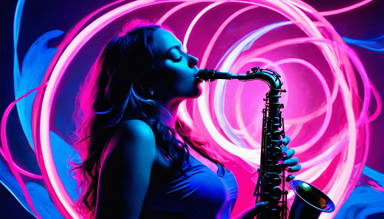 Create a captivating image of a woman playing the saxophone, Surrounded by the fantastic glow of neon blue and neon pink rings, Reminiscent of moving electrons. Using various brush strokes、Create dynamic and visually appealing compositions。.
Imagine a woman with flowing hair., She is engrossed in music, playing the saxophone enthusiastically.. Vibrant colors dance on the canvas, Reflecting the intensity of the performance. Neon blue and neon pink rings surround her like a halo., The energy pulsates to mirror the rhythm of the music..
Combining bold and delicate brushstrokes、Capture the essence of the scene。. Use vibrant colors、Adds warmth and vitality to your images。, By incorporating contrasting colors、Creates depth and dimension.
Create a sense of enchantment and wonder with your images, Invite the viewer to immerse themselves in the beauty of the moment. With every stroke of the brush, Communicating the magic of music and the timeless appeal of artistic expression.