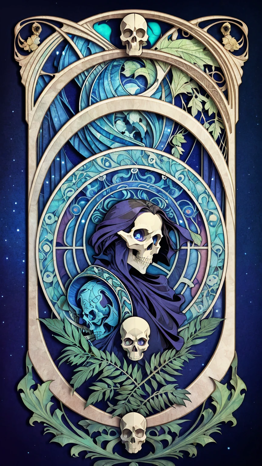 ((Art Nouveau Style)); ((skull)) with blue eyes; ravens, blue flames, green ferns, small red flames; symmetrical with thick lines, Fibonacci, golden ratio, 3D metal structure tessellation, neural graphic, neurons, color, love, passion, incredibly detailed, 8k, masterpiece, artstation, surreal