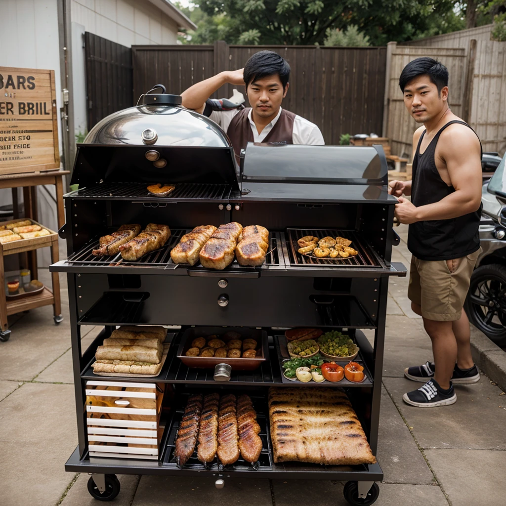 asian men grill barbeque front view fish eye effect