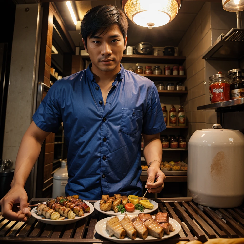 asian men grill barbeque front view fish eye effect
