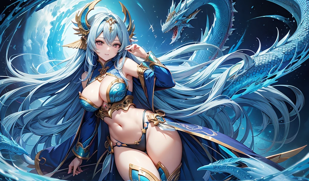 Long blue hair, goddess,cleavage,Lanlongjiao,The body has blue dragon scales,Blue Dragon Tail,thigh,thong,,ocean