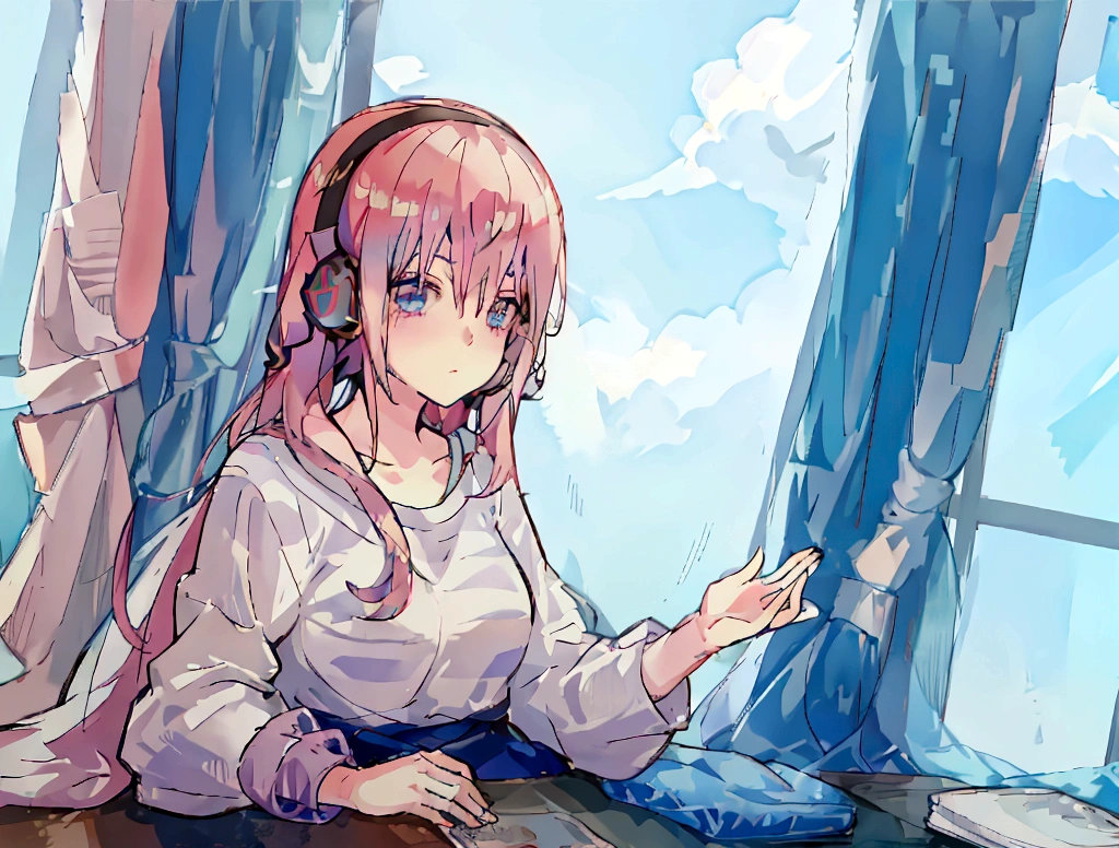 Anime girl wearing headphones looking out the window at the city, Lo-fi Girl, Kaisei and Artgelm, Anime atmosphere, Lofi Artstyle, Anime Style 4k, Anime Aesthetics, Lo-fi feeling, Lofi Art, anime art wallpaper 4k, anime art wallpaper 4k, anime wallpaper 4k, anime wallpaper 4k, An atmosphere of praise,