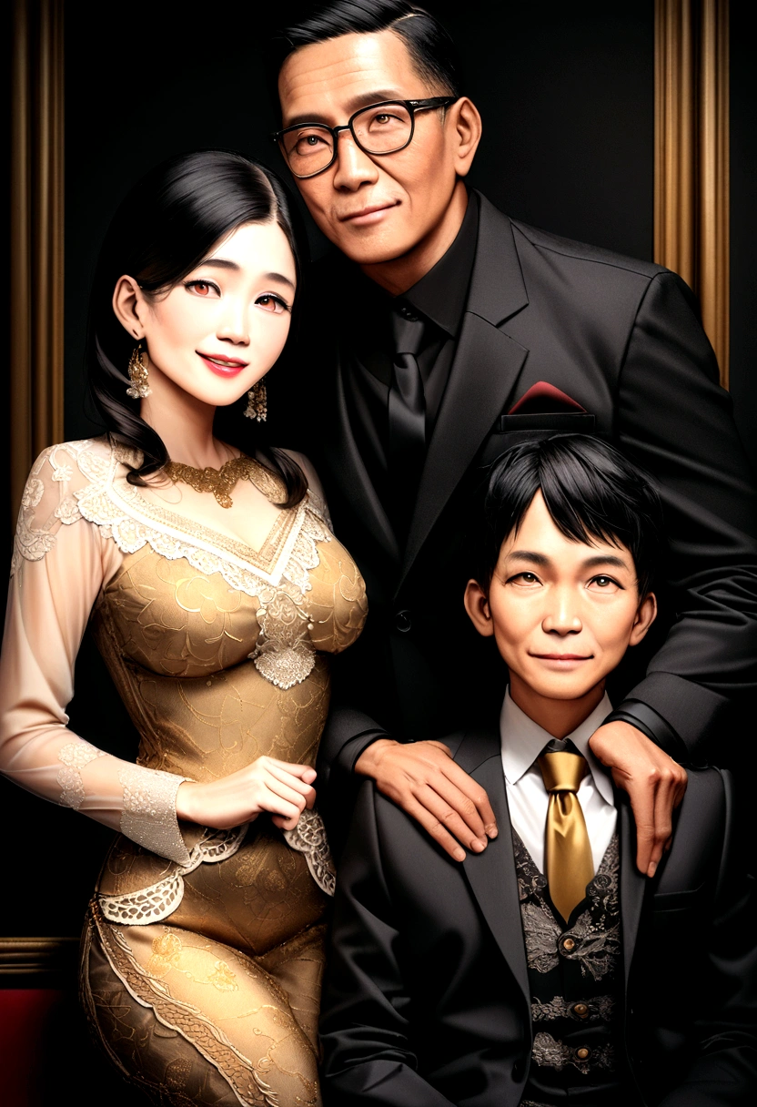 Indonesian family photo, two 35 year old men, wearing a black suit, 47 year old woman in gold kebaya, one daughter aged 25 years, dressed in black suits together, The photo studio background is decorated with lights and flowers., detail, best photography , very high definition.