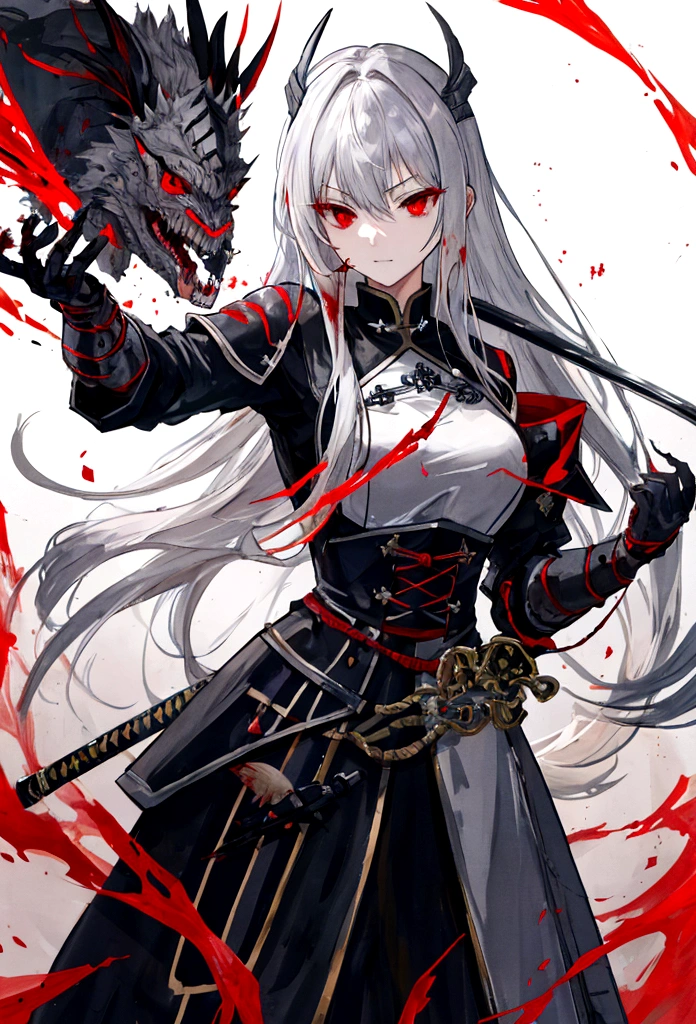high quality,knight鎧,Gray Hair,Long Hair, Seductive red eyes, Cool,knight,Western style,battle,Holding a sword,Naoken,Swordfighting,Extracting the Sword,Moving Pictures,Bleeding,Return blood,battlefield,break,Grit your teeth,kill,Slashing to death,assassination